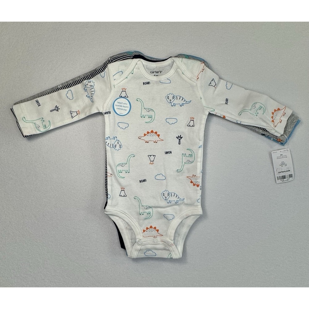 Carter's Baby Boys 4-Pack Long Sleeve Bodysuits Dinosaur Blue Black Striped 6M